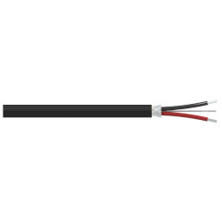 A section of black polyurethane jacketed CB110 cable with one red conductor wire, one black conductor wire, and one drain wire extending from the right side of the cable.