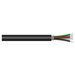 A section of black polyurethane jacketed CB183 cable with four conductor wires (red, black, green, and white), and one drain wire extending from the right side of the cable.