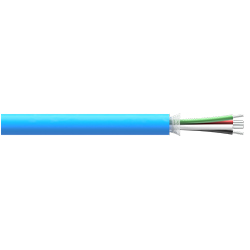 A section of blue thermoplastic elastomer jacketed CB194 cable with four conductor wires (red, green, white, and black) and one drain wire extending from the right side of the cable.