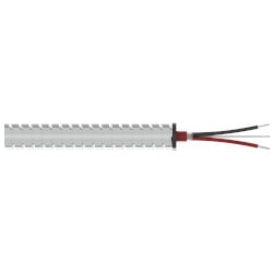 A section of stainless steel armor jacketed CB206 cable with one red conductor wire, one black conductor wire, and one drain wire extending from the right side of the cable.