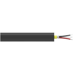 A section of black hydraulic hose jacketed CB511 cable with one red conductor wire, one black conductor wire, and one drain wire extending from the right side of the cable.