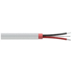 A section of stainless steel armor jacketed CB806 cable with one red conductor wire, one black conductor wire, and one drain wire extending from the right side of the cable.