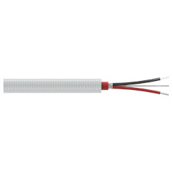 A section of stainless steel braided armor jacketed CB806 cable with one red conductor wire, one black conductor wire, and one drain wire extending from the right side of the cable.