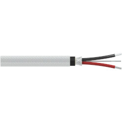 A section of stainless steel braided armor jacketed CB810 cable with one red conductor wire, one black conductor wire, and one drain wire extending from the right side of the cable.