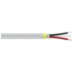 A section of stainless steel braided armor jacketed CB811 cable with one red conductor wire, one black conductor wire, and one drain wire extending from the right side of the cable.