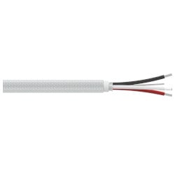 A section of stainless steel braided armor jacketed CB812 cable with one red conductor wire, one black conductor wire, one white conductor wire, and one drain wire extending from the right side of the cable.