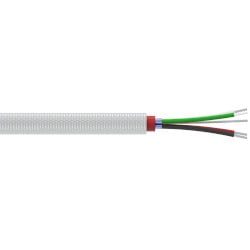 A section of stainless steel braided armor jacketed CB818 cable with conductor wires (one black, one red, one green, and one white) and one drain wire extending from the right side of the cable.