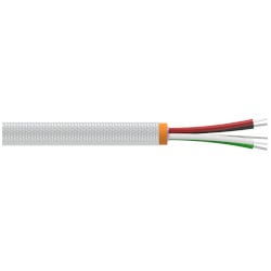 A section of stainless steel braided armor jacketed CB819 cable with one four conductor wires (one red, one white, one black, one green), and one drain wire extending from the right side of the cable.