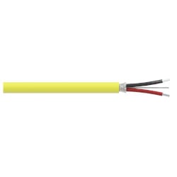 A section of yellow FEP jacketed CBR111 cable with one red conductor wire, one black conductor wire, and one drain wire extending from the right side of the cable.