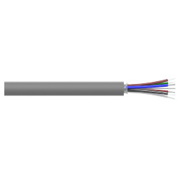 A section of gray polyurethane jacketed CBR123 cable with six conductor wires (white, red, black, green, brown, and blue) and one drain wire extending from the right side of the cable.