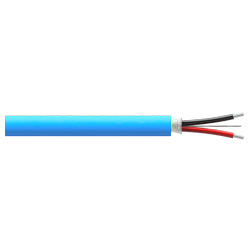 A section of blue thermoplastic elastomer (TPE) jacketed CBR190 cable with one red conductor wire, one black conductor wire, and one drain wire extending from the right side of the cable.