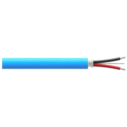 A section of blue polyurethane jacketed CBR139 cable with one red conductor wire, one black conductor wire, and one drain wire extending from the right side of the cable.