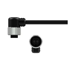 A side view of an A2E black polycarbonate right-angle connector with stainless steel locking ring, on a black CTC industrial cable, above a front view showing the two sockets.