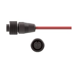 A side view of an ASA black polyphenylene sulfide two-socket connector and locking ring, on a red CTC industrial cable, above a front view showing the two sockets.
