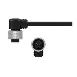 A side view of an A2U black polyurethane right-angle connector with stainless steel locking ring, on a black CTC industrial cable, above a front view showing the two sockets.