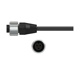 A side view of an A3A black polycarbonate connector with stainless steel locking ring, on a black CTC industrial cable, above a front view showing the three sockets.