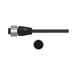 A side view of an A3AB black polycarbonate connector with stainless steel locking ring, on a black CTC industrial cable, above a front view showing the three sockets.