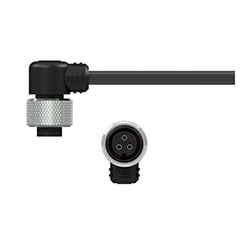 A side view of an A3E black polycarbonate right-angle connector with stainless steel locking ring, on a black CTC industrial cable, above a front view showing the three sockets.