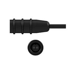 A side view of a B2N black silicone boot connector, on a black CTC industrial cable, above a front view showing the two sockets.