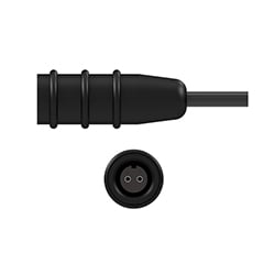 A side view of a B2R black silicone boot connector, on a black CTC industrial cable, above a front view showing the two sockets.