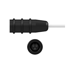 A side view of a B3A black silicone boot connector on a white CTC industrial cable, above a front view showing the three sockets.