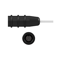 A side view of a B3R black silicone boot connector on a white CTC industrial cable, above a front view showing the three sockets.