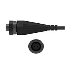 A side view of a D2CG black polyurethane connector with stainless steel locking ring, on a black CTC industrial cable, above a front view showing the two sockets.
