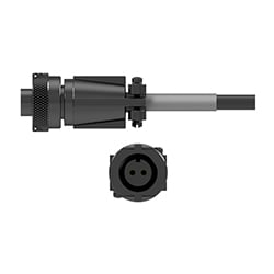 A side view of a D2H black zinc alloy connector on a black CTC industrial cable, above a front view showing the two sockets.