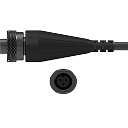 A side view of a D3C black polyurethane connector on a black CTC industrial cable, above a front view showing the three sockets.