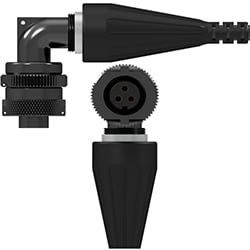 A side view of a D3D black polyurethane right-angle connector on a black CTC industrial cable, above a front view showing the three sockets.
