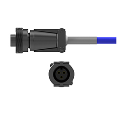A side view of a D3Q black connector with a grey heat shrink on a blue CTC industrial cable, above a front view showing the three sockets.