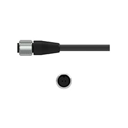 A side view of a J2A black polycarbonate connector with stainless steel locking ring, on a black CTC industrial cable, above a front view showing the two sockets.