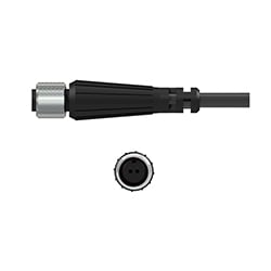 A side view of a J2C black polyurethane connector with stainless steel locking ring, on a black CTC industrial cable, above a front view showing the two sockets.