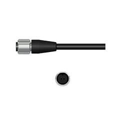 A side view of a J2NG black nylon connector with stainless steel locking ring, on a black CTC industrial cable, above a front view showing the two sockets.
