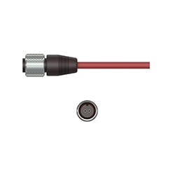 A side view of a J2R black polyphenylene sulfide connector with stainless steel locking ring, on a black CTC industrial cable, above a front view showing the two sockets.