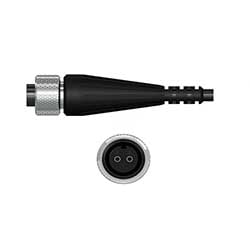 A side view of a K2C black polyurethane connector with stainless steel locking ring, on a black CTC industrial cable, above a front view showing the two sockets.
