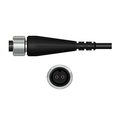 A side view of a K2CG black polyurethane connector with stainless steel locking ring, on a black CTC industrial cable, above a front view showing the two sockets.