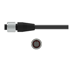 A side view of an M2A black polycarbonate connector with stainless steel locking ring, on a black CTC industrial cable, above a front view showing the two sockets.