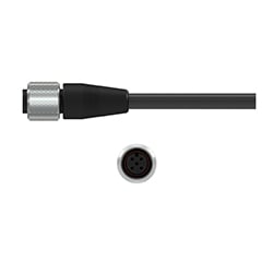 A side view of an M2N black nylon connector with stainless steel locking ring, on a black CTC industrial cable, above a front view showing the two sockets.