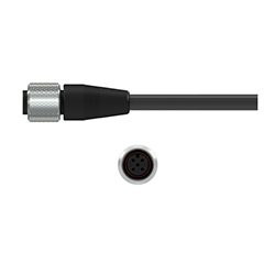 A side view of an M3A black polycarbonate connector with stainless steel locking ring, on a black CTC industrial cable, above a front view showing the three sockets.