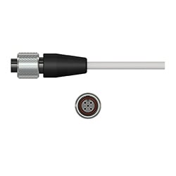 A side and front facing view of a CTC M3T black polycarbonate connector with 5 sockets, on a segment of white jacketed CTC industrial cable.