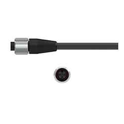 A side view of an M4TA black polycarbonate four-socket M12 connector with a stainless steel locking ring, on a black CTC industrial cable, above a front view showing the four sockets.