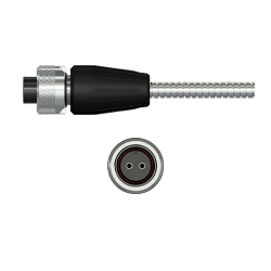 A side view of a Q2A black polycarbonate connector with stainless steel locking ring, on an armor jacketed CTC industrial cable, above a front view showing the two sockets.