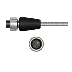A side view of a Q3AB black polycarbonate connector with stainless steel locking ring, on a stainless steel armor jacketed CTC industrial cable, above a front view showing the three sockets.