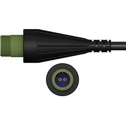 A side view of an R2C black polyurethane connector with stainless steel connector, on a black CTC industrial cable, above a front view showing the two sockets.