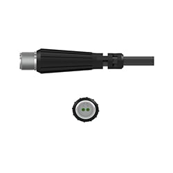 A side view of a R2J black polyurethane connector with stainless steel connector, on black CTC industrial cable, above a front view showing the two sockets.