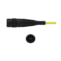 A side view of a V2J black Viton® boot connector on a yellow CTC industrial cable, above a front view showing the two sockets.