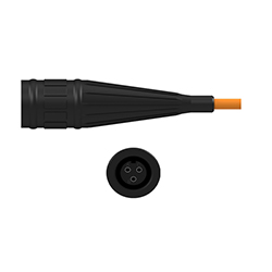 A side view of a V3NB black Viton® boot connector on an orange CTC industrial cable, above a front view showing the three sockets.