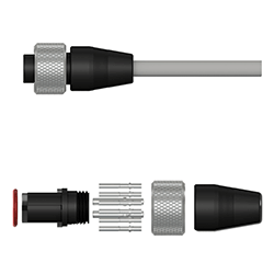 A render of a CTC CK-A6A polycarbonate molded connector with stainless steel locking ring on a gray CTC cable.