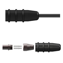 A side view of an assembled CK-B2R boot connector kit made of black silicone above a side view of all the connector kit components.